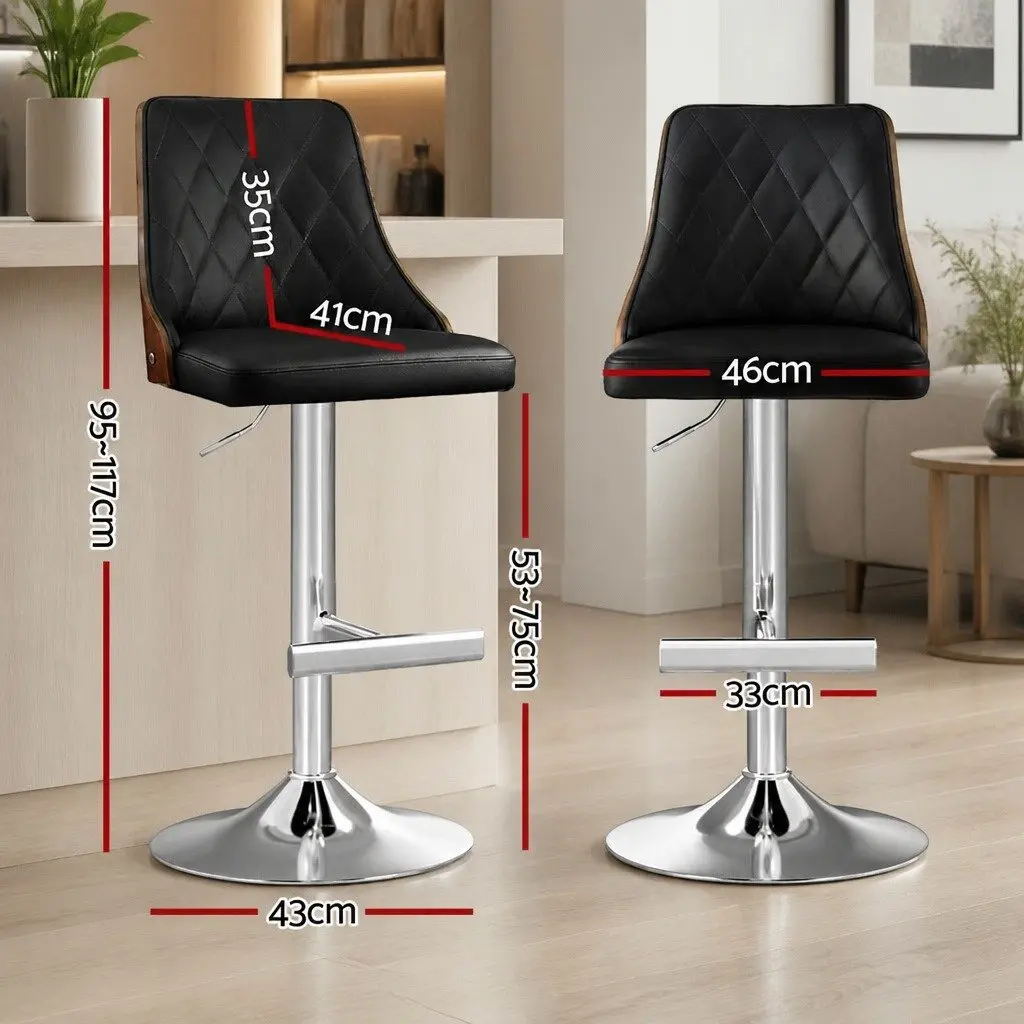 Bar Stool Black Leather Adjustable Height Tool-Free Bentwood Backrest