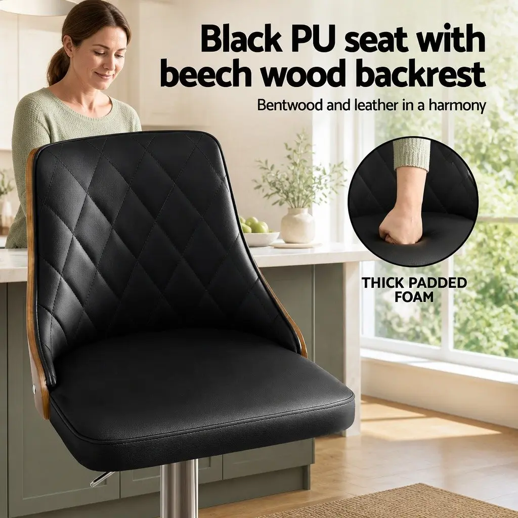 Bar Stool Black Leather Adjustable Height Tool-Free Bentwood Backrest