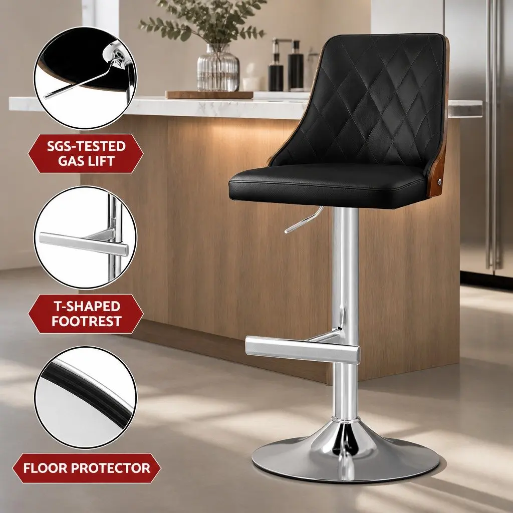 Bar Stool Black Leather Adjustable Height Tool-Free Bentwood Backrest