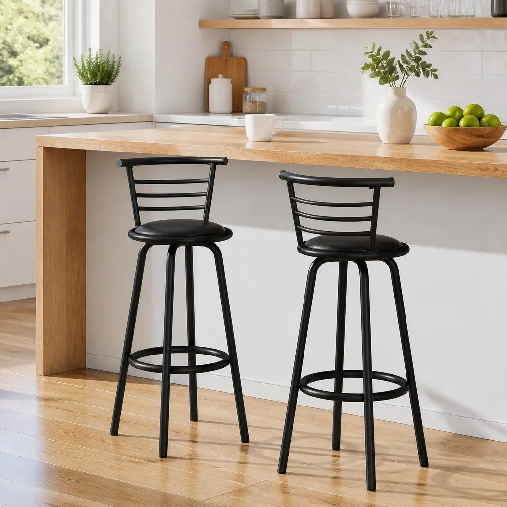 Bar Stools Black Set of 2 Swivel Padded Modern Kitchen Dining Seating Chairs