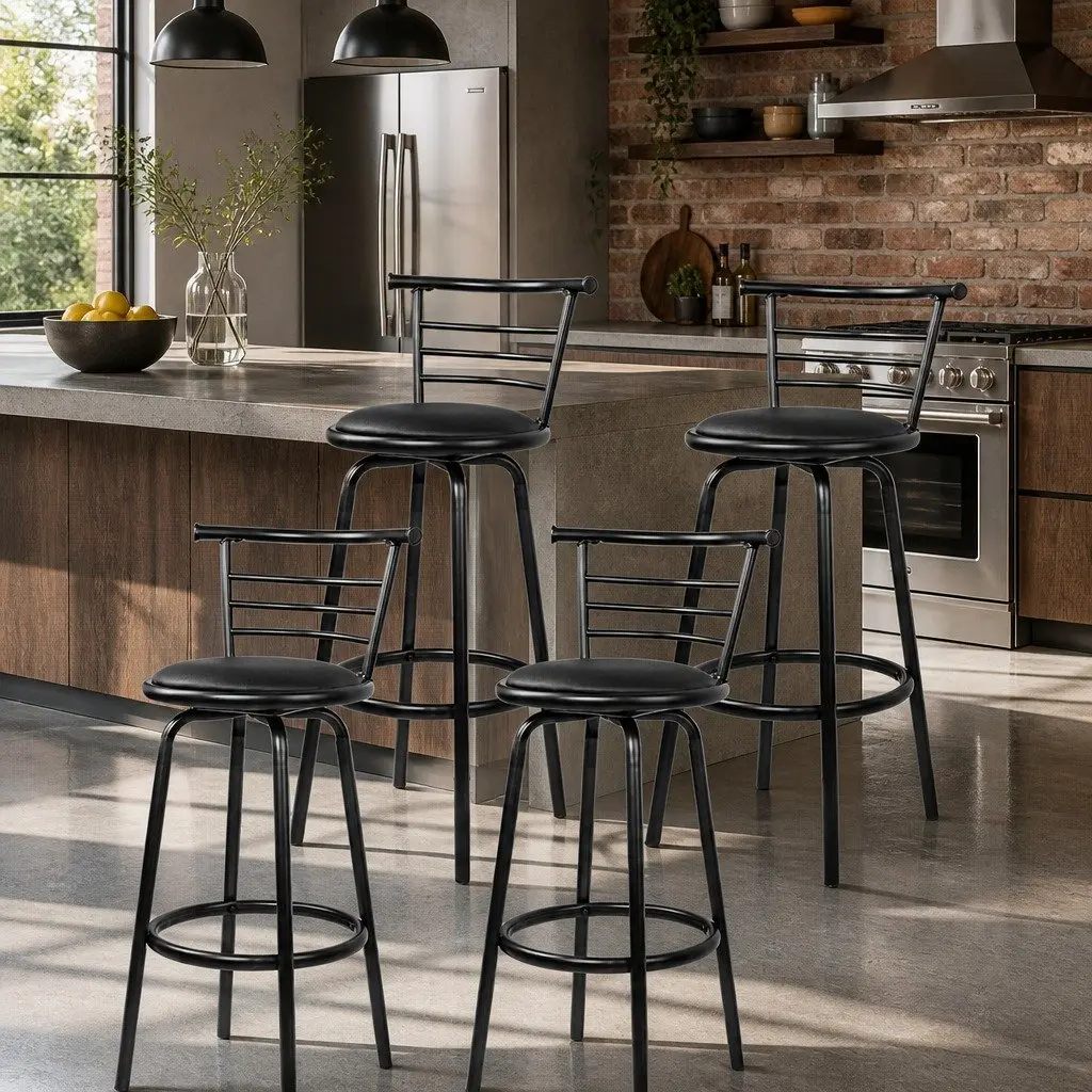 Bar Stools Black 75cm Swivel Padded with Footrest Set of 4