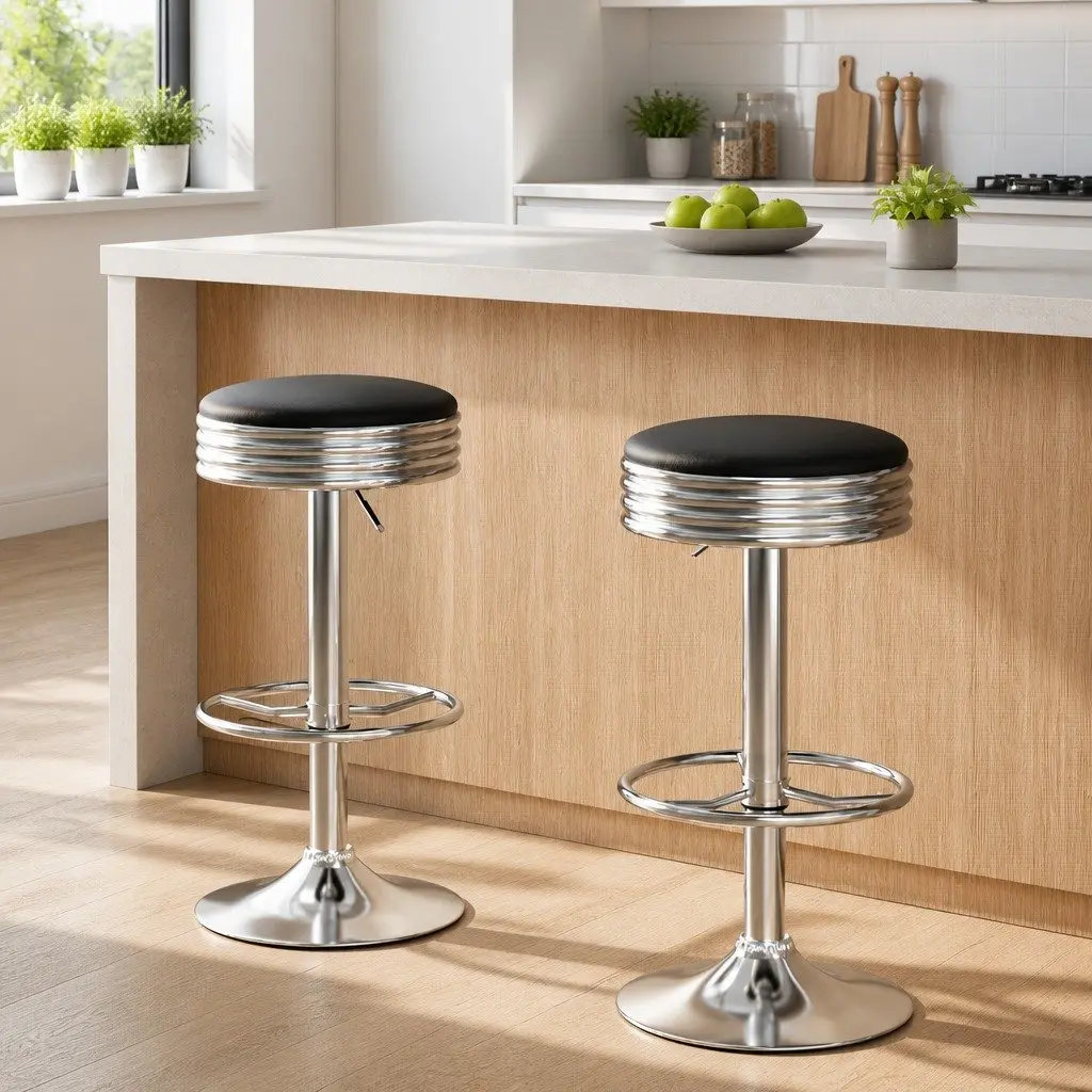 Bar Stools Black Backless Swivel Kitchen Seating PU Leather Chrome Base