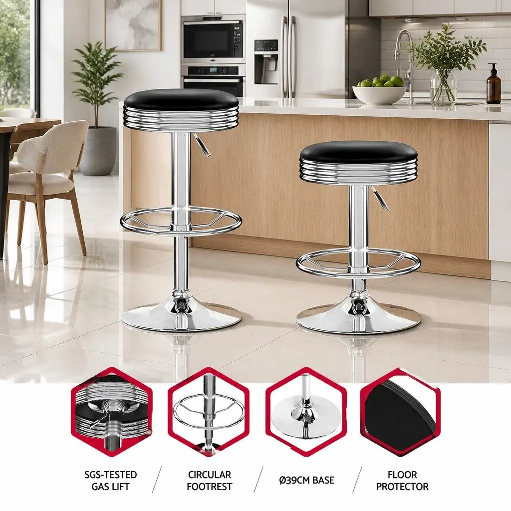 Bar Stools Black Padded Swivel Gas Lift Chrome Base Set of 4