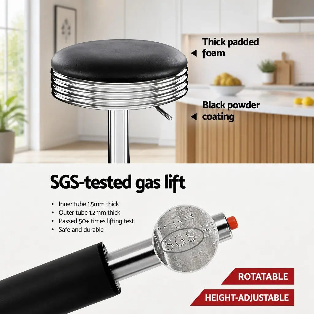 Bar Stools Black Padded Swivel Gas Lift Chrome Base Set of 4