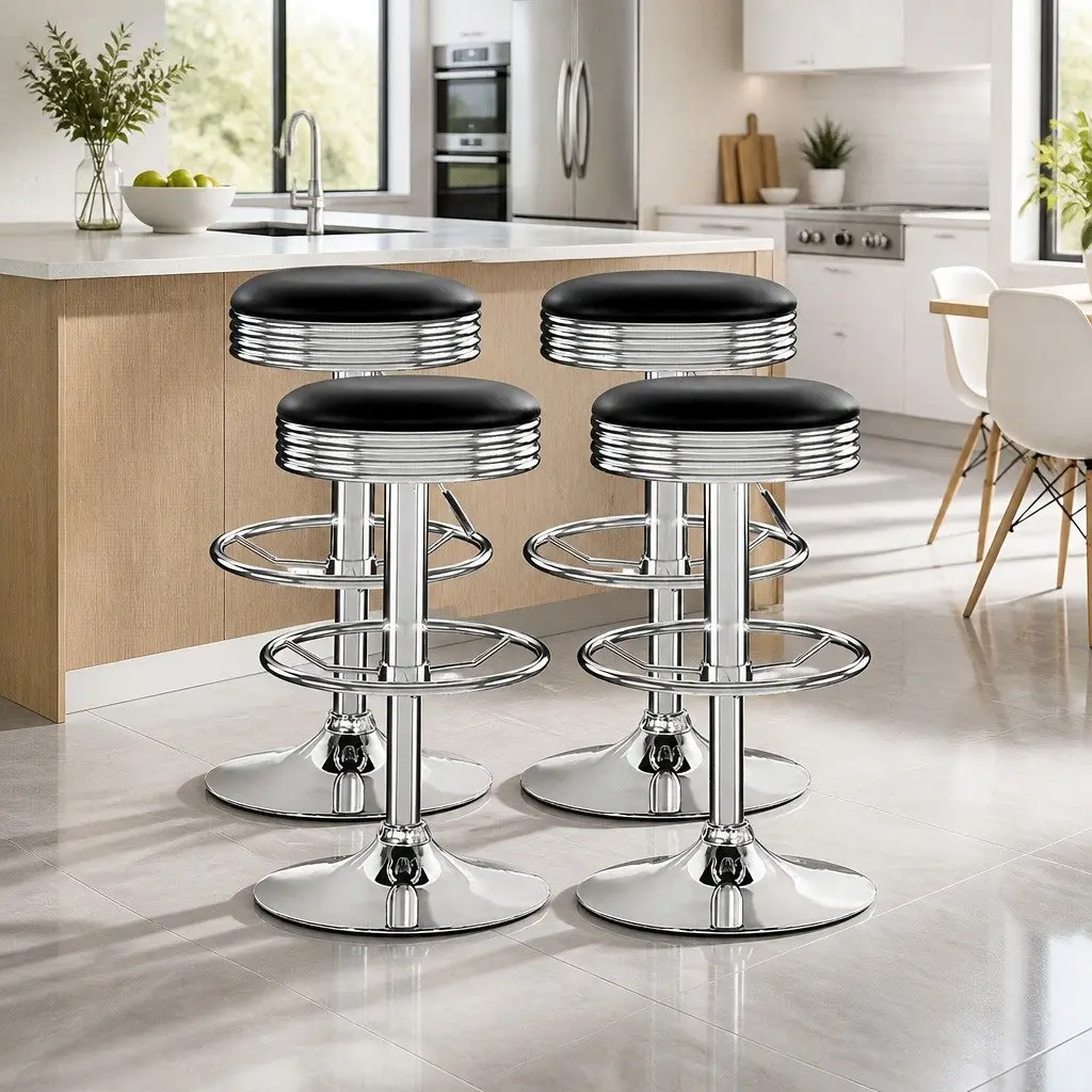 Bar Stools Black Padded Swivel Gas Lift Chrome Base Set of 4