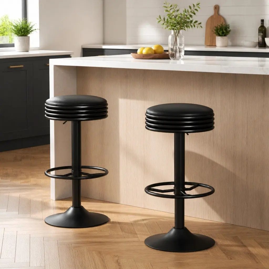 Bar Stools Black Padded Seat Swivel Gas Lift Chrome Base Set of 2