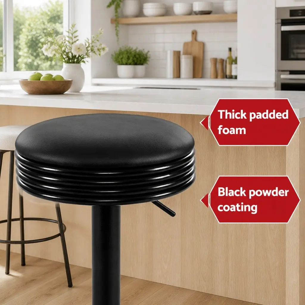 Bar Stools Black Padded Seat Swivel Gas Lift Chrome Base Set of 2