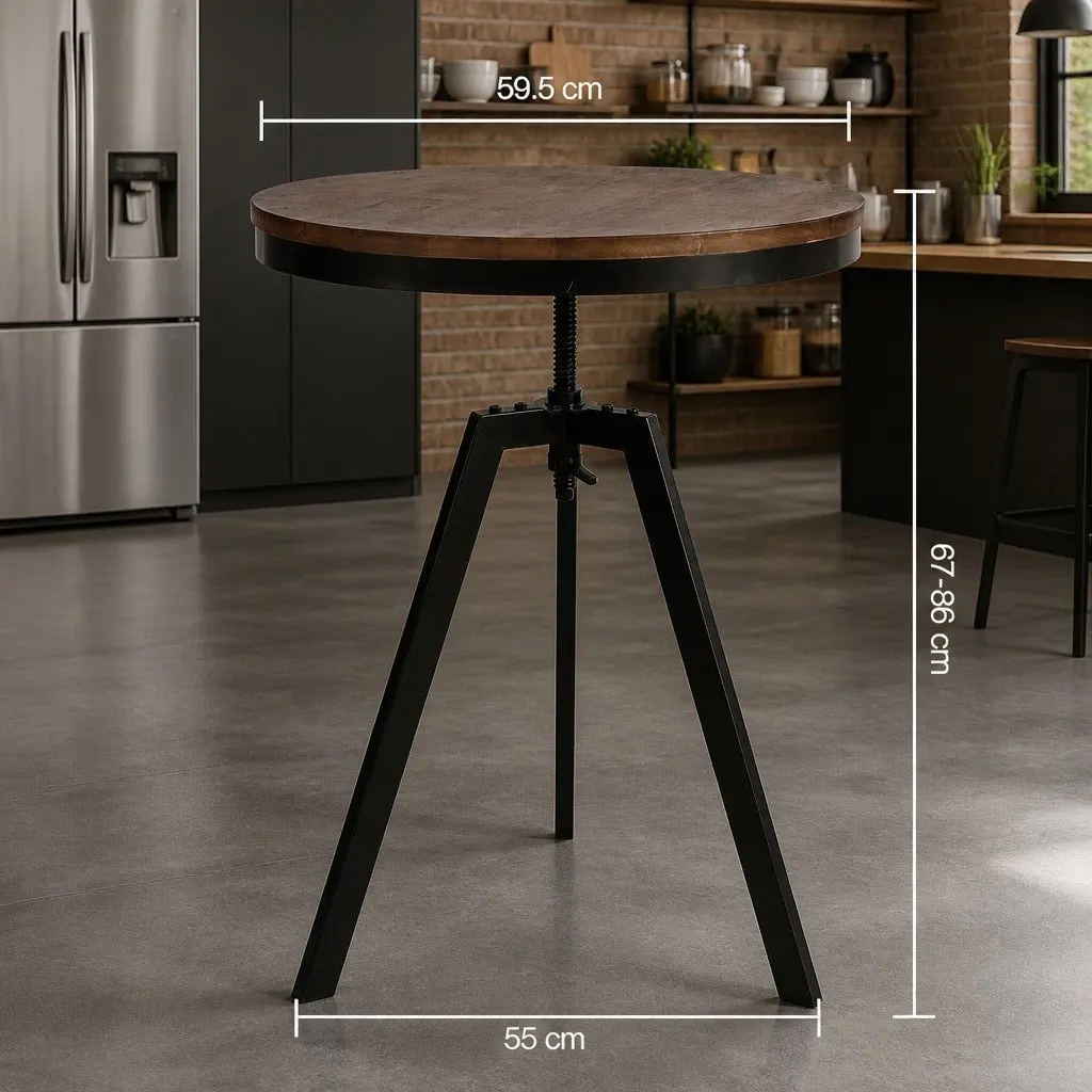 Round Dining Table Dark Brown 59.5cm Adjustable Height Steel Frame 67-86CM