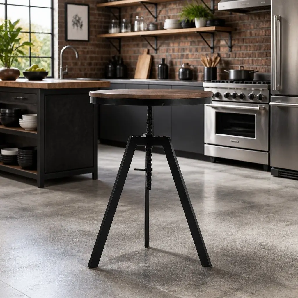 Round Dining Table Dark Brown 59.5cm Adjustable Height Steel Frame 67-86CM