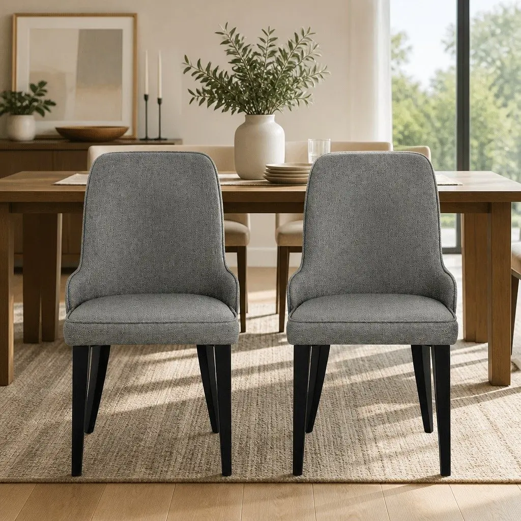 Dining Chairs Grey Fabric High Back Seat Cushion Steel Legs Set of 2