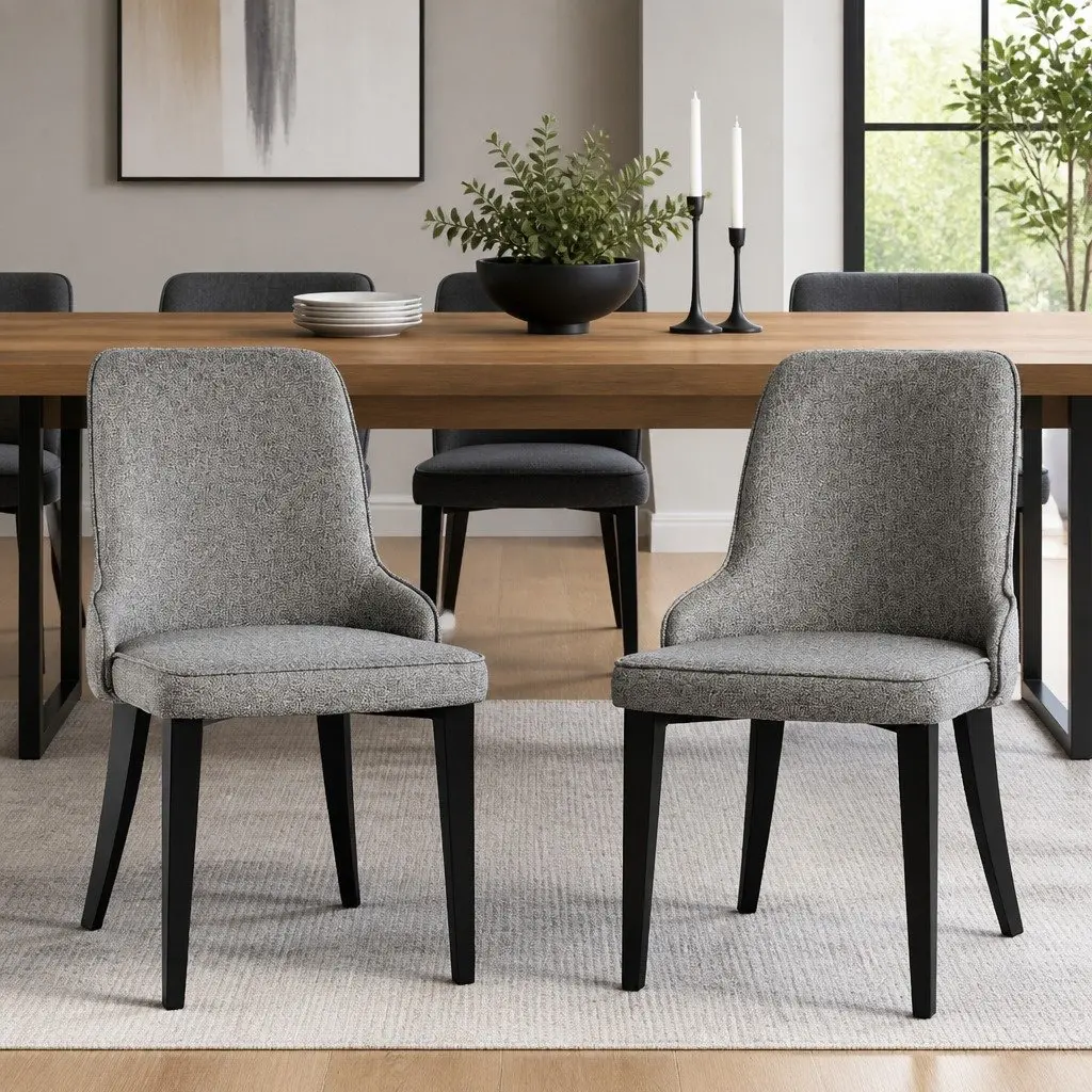 Dining Chairs Grey Fabric High Back Seat Cushion Steel Legs Set of 2