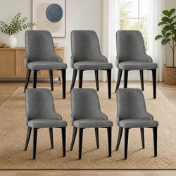 Dining Chairs Set of 6 Grey Linen Fabric High Back Kitchen Seating Steel Legs