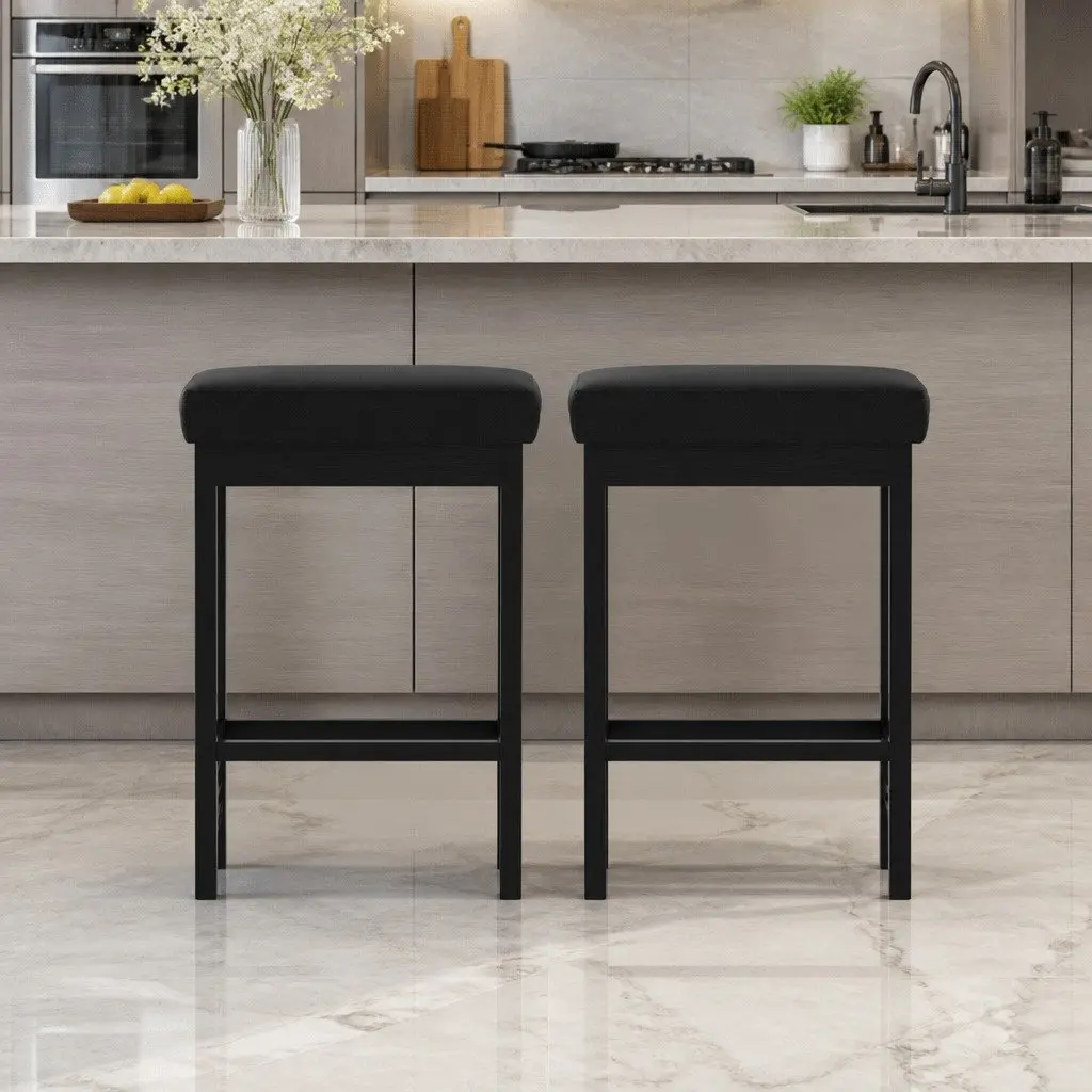 Bar Stools Black Set of 2 PU Seat Metal Frame Reinforced