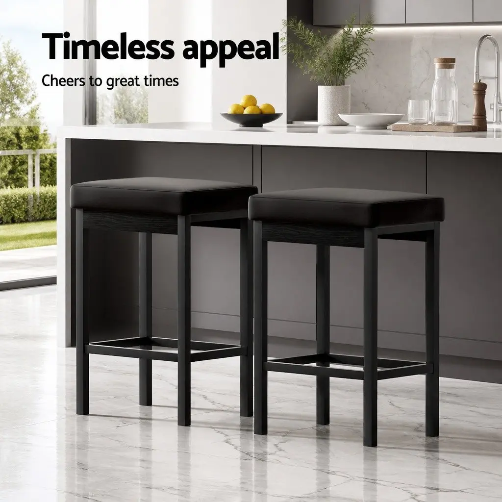 Bar Stools Black Set of 2 PU Seat Metal Frame Reinforced