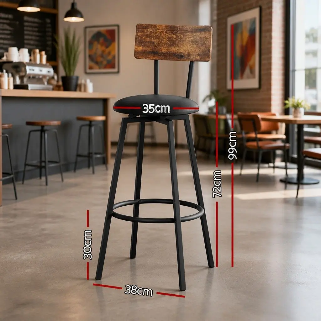 Industrial Bar Stools Black Set of 2 Upholstered Counter Chairs Steel Frame Anti-Slip