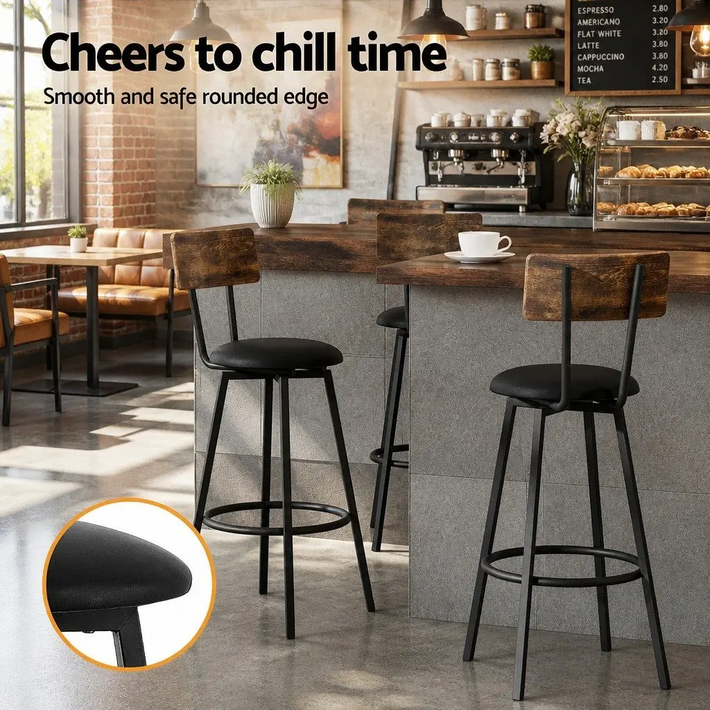 Industrial Bar Stools Black Set of 2 Upholstered Counter Chairs Steel Frame Anti-Slip