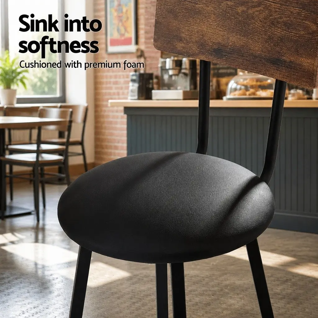 Industrial Bar Stools Black Set of 2 Upholstered Counter Chairs Steel Frame Anti-Slip