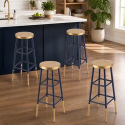 Bar Stools Set of 4 Metal Navy Gold Two-Tone Modern Kitchen Dining Chair 76cm