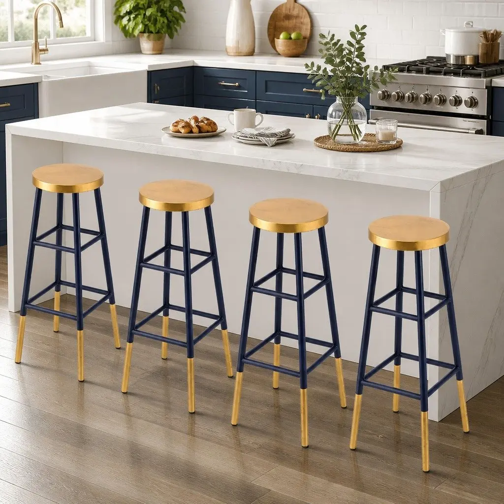 Bar Stools Navy Gold 76cm Two-Tone Modern Kitchen Dining Chair Set of 4