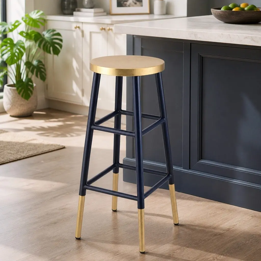 Bar Stools Navy Gold Two-Tone Round Seat Metal Kitchen Dining Chair
