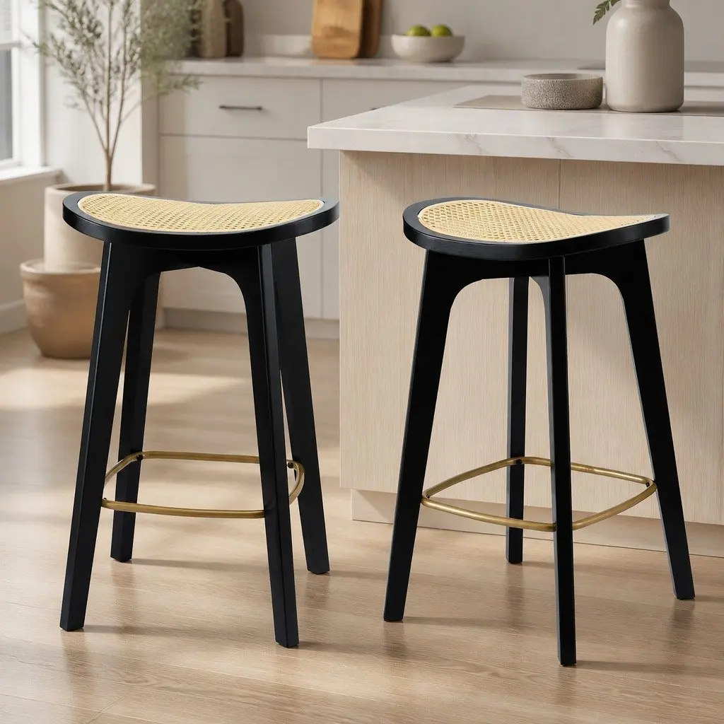 Bar Stools Black Set of 2 Rattan Woven Seat Backless Kitchen Counter Dining Chair