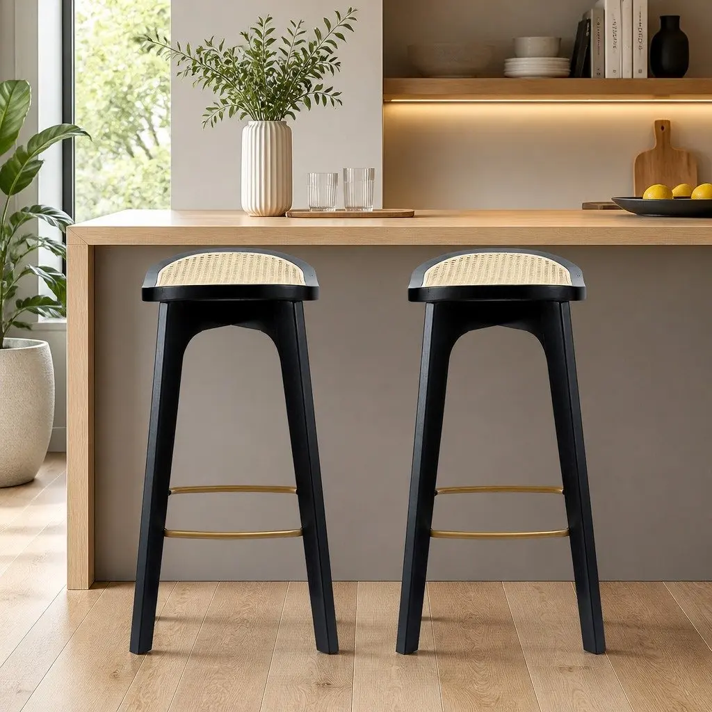 Bar Stools Black Set of 2 Rattan Woven Seat Backless Kitchen Counter Dining Chair