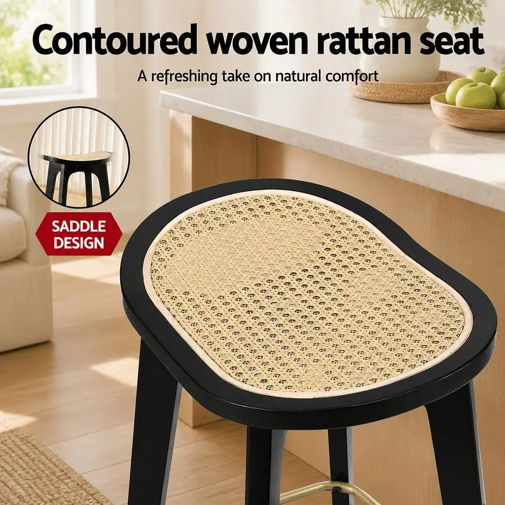 Bar Stools Black Set of 2 Rattan Woven Seat Backless Kitchen Counter Dining Chair