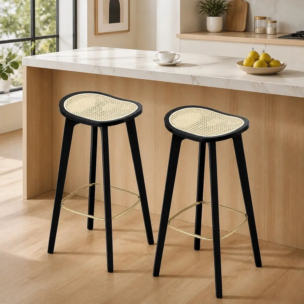 Bar Stools Black Set of 2 Rattan Woven Seat Backless Kitchen Counter Dining Chair