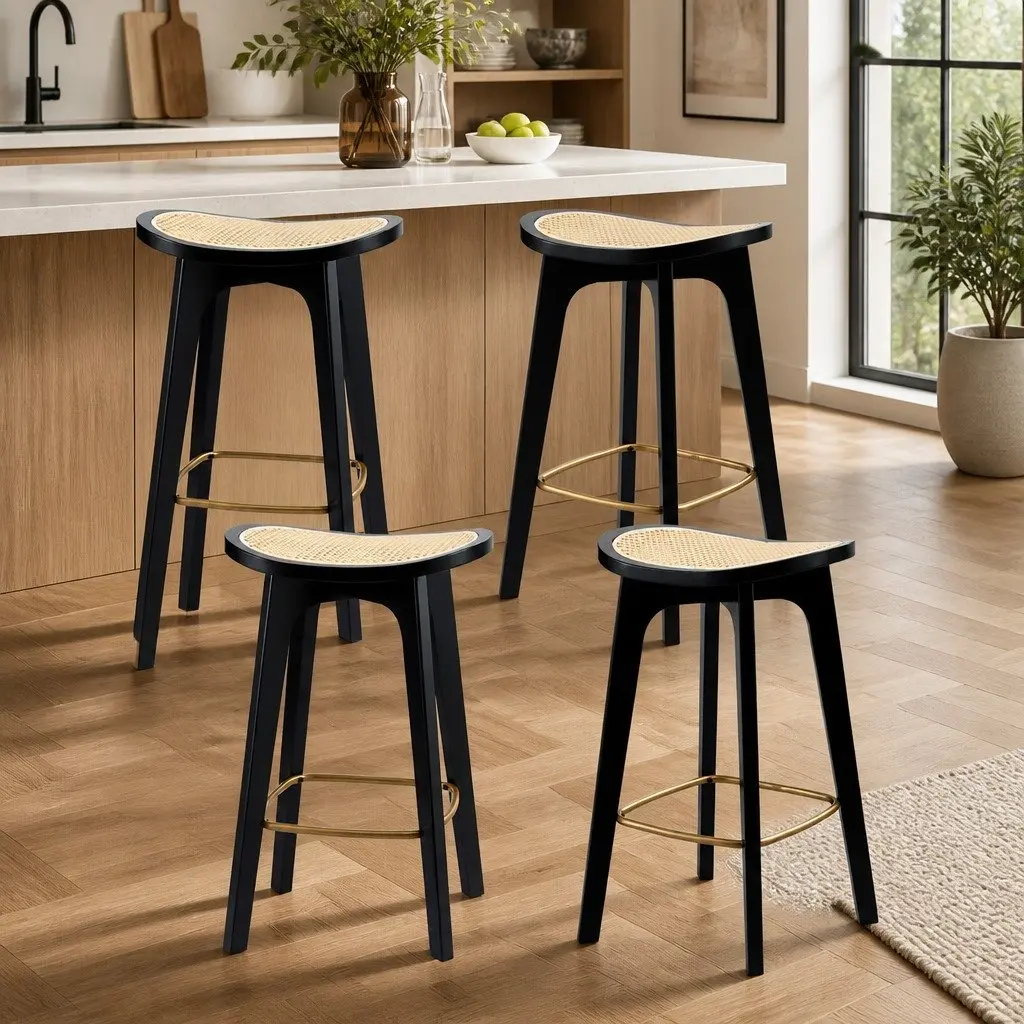 Bar Stools Black 67cm Backless Rattan Seat Bamboo Frame with Metal Footrest