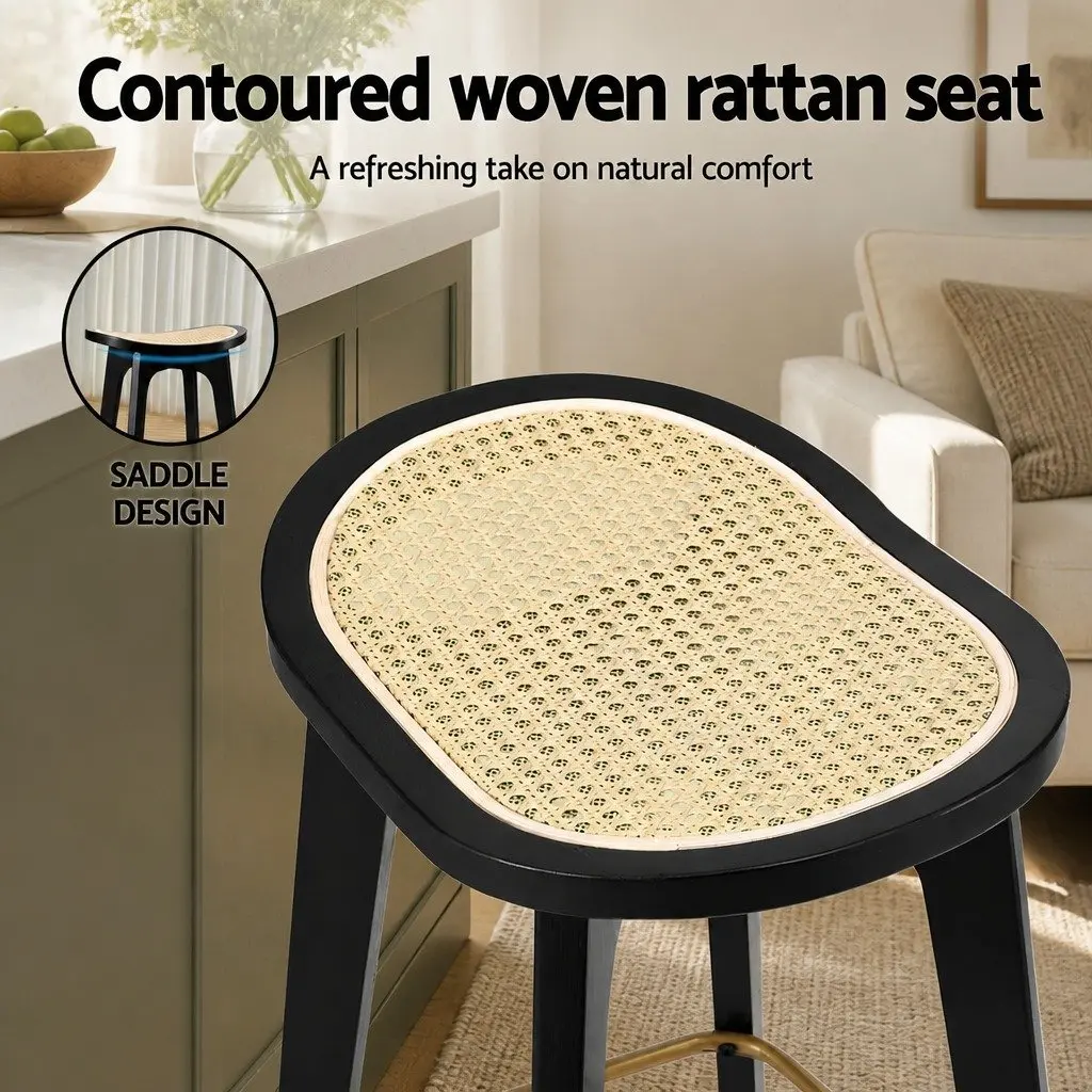 Bar Stools Black 67cm Backless Rattan Seat Bamboo Frame with Metal Footrest