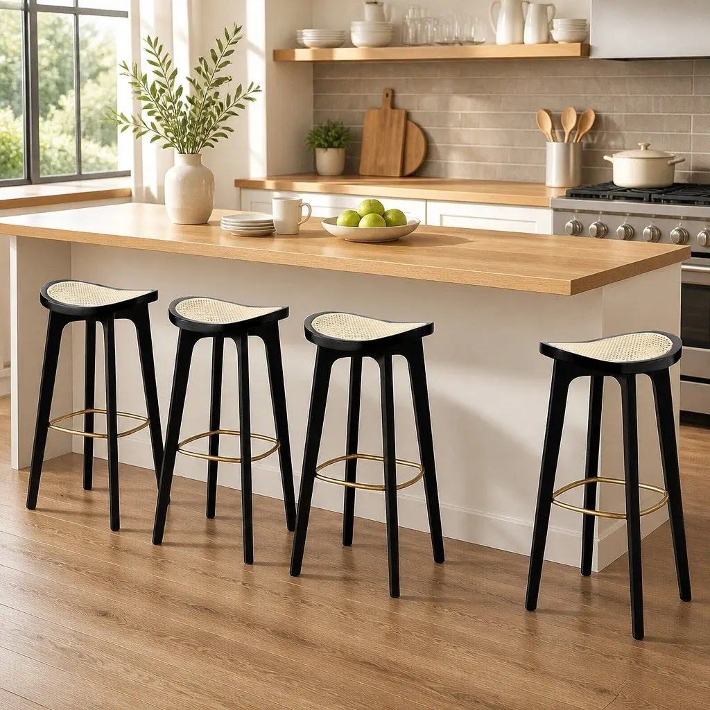 Bar Stools Black 67cm Backless Rattan Seat Bamboo Frame with Metal Footrest