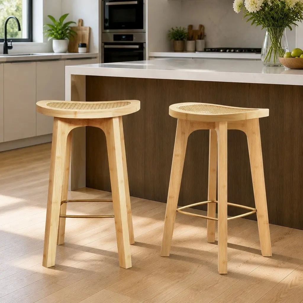 Bar Stools Oak 67cm Rattan Seat Kitchen Counter Height Dining Chairs Set of 2