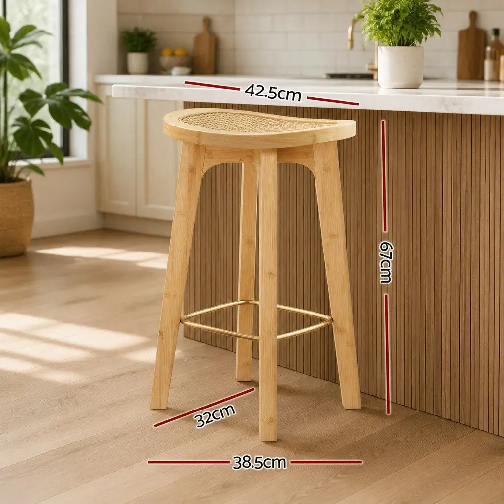 Bar Stools Oak 67cm Rattan Seat Kitchen Counter Height Dining Chairs Set of 2