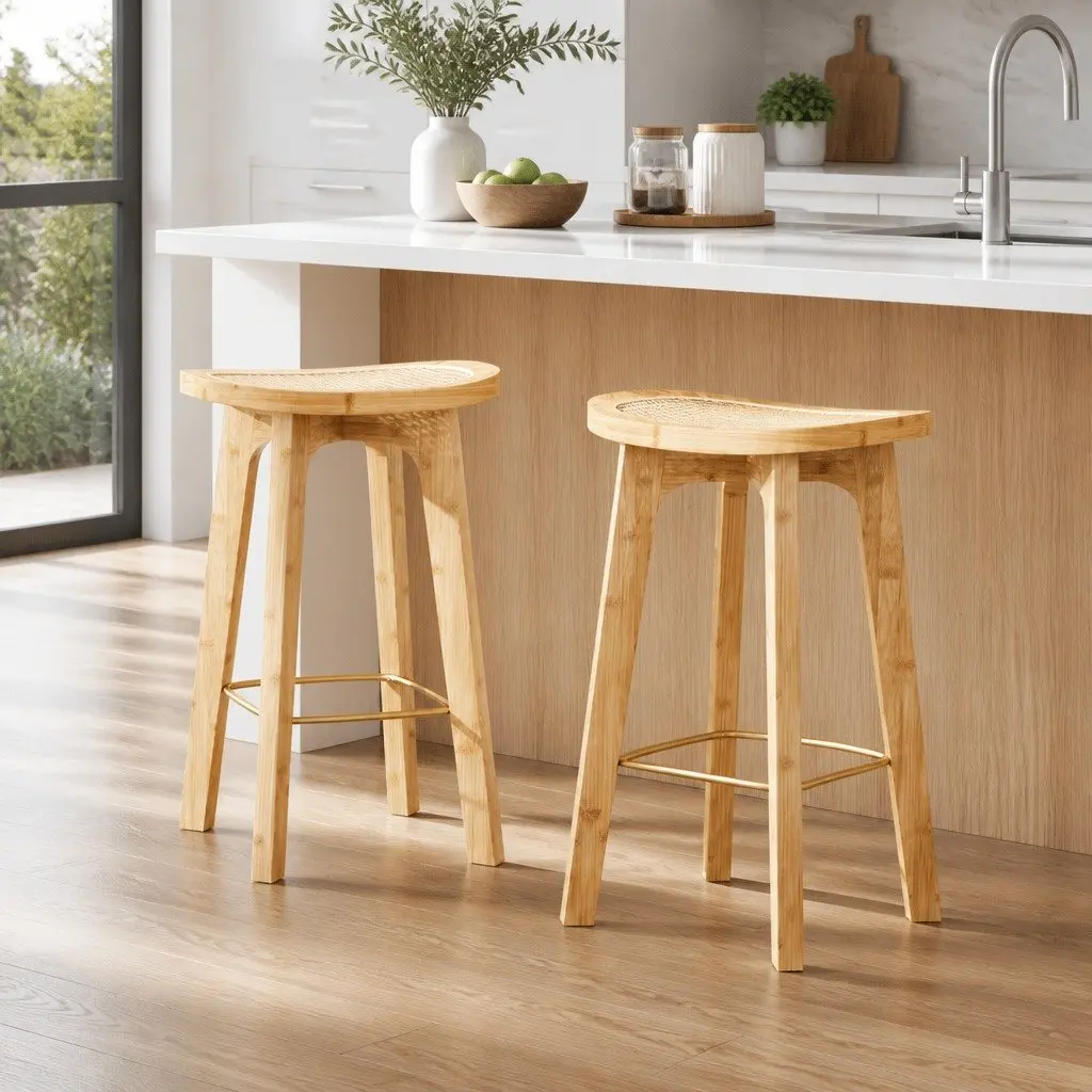 Bar Stools Oak 67cm Rattan Seat Kitchen Counter Height Dining Chairs Set of 2