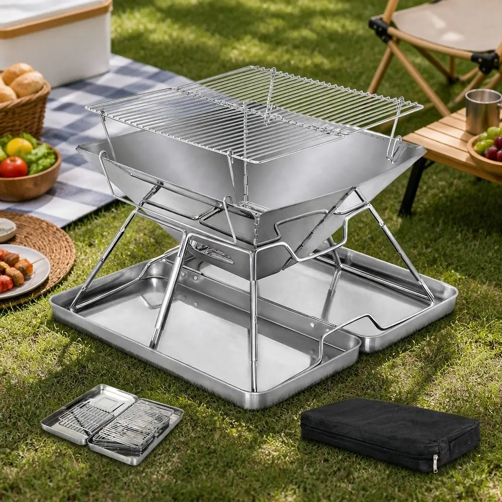 Folding Charcoal BBQ Grill Silver Portable 2-IN-1 Fire Pit Compact Lightweight