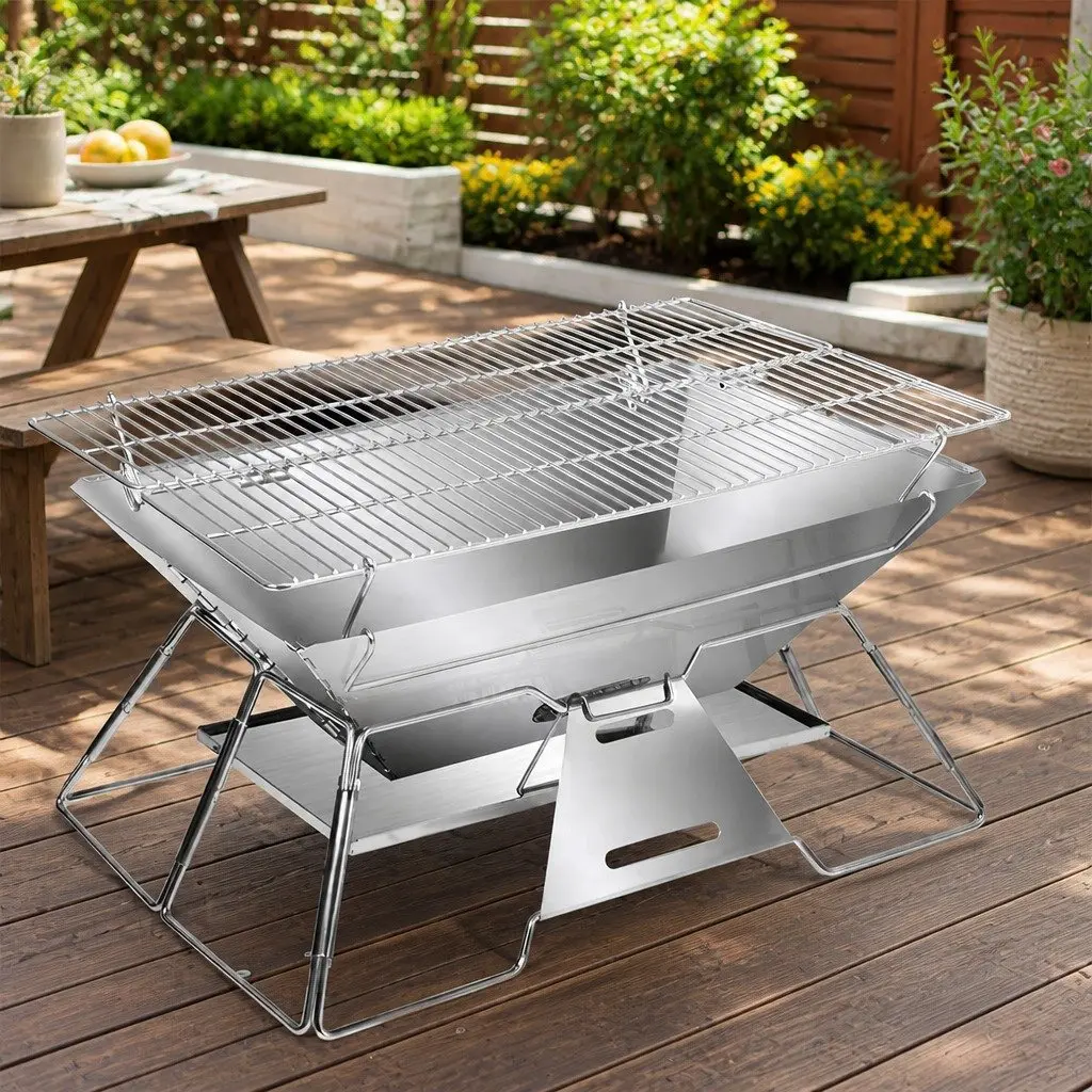 Portable Folding Charcoal BBQ Grill Fire Pit 2-in-1 Camping Picnic Outdoor