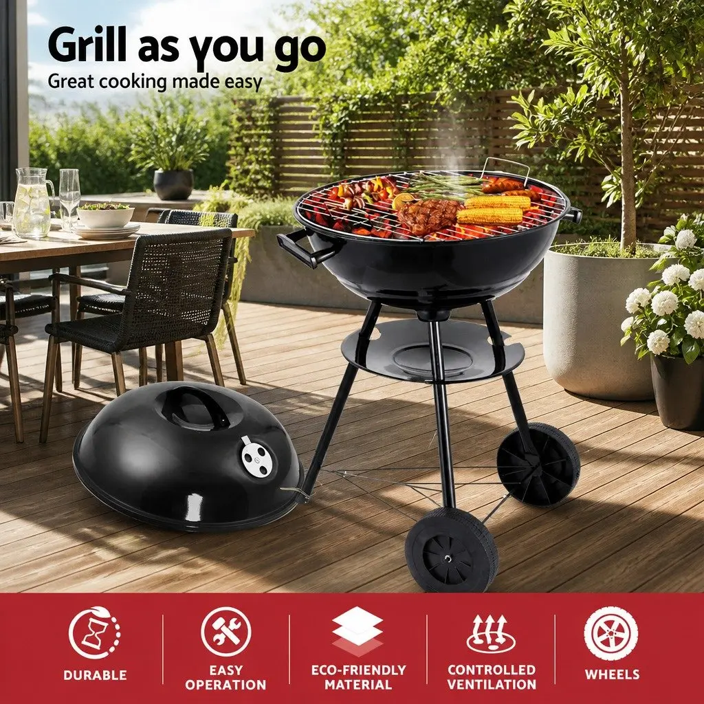 Portable BBQ Charcoal Smoker Grill Black with Wheels for Outdoor Cooking