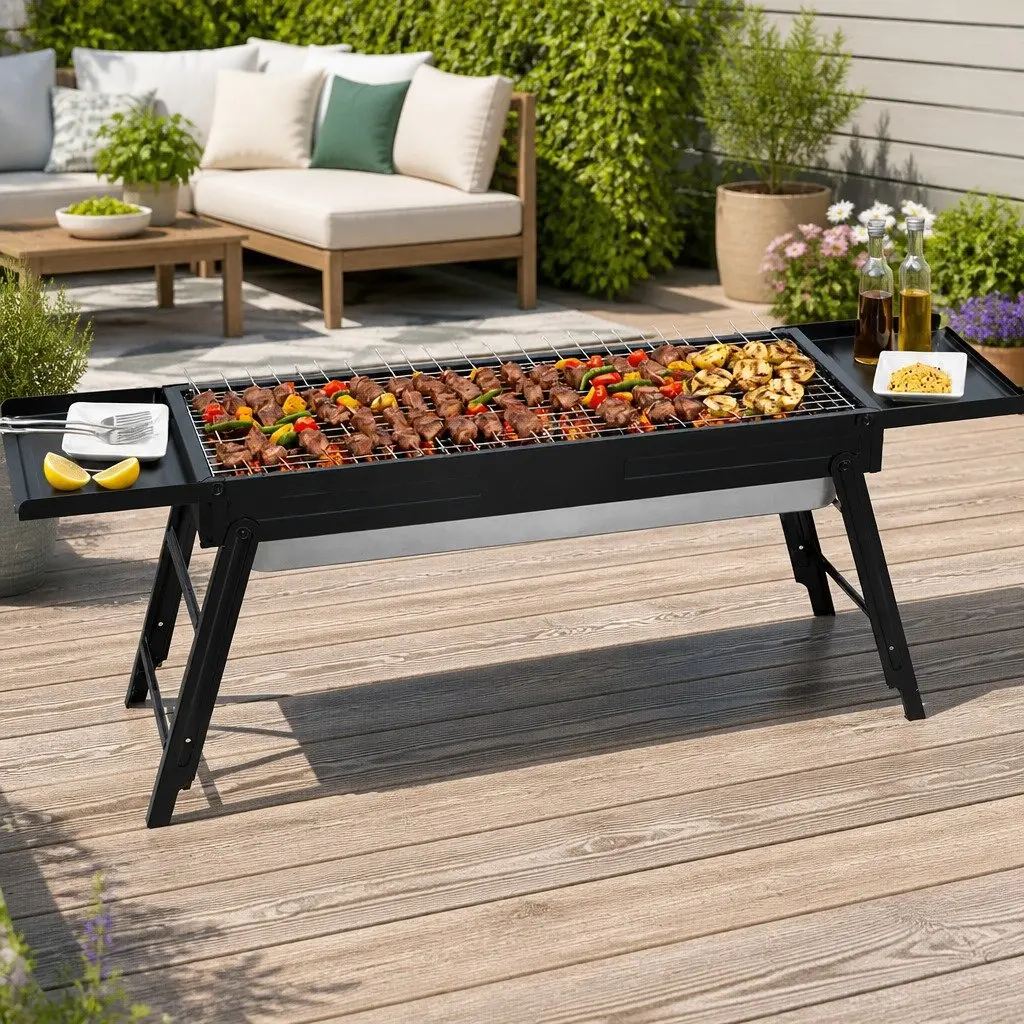 Portable Charcoal BBQ Grill Black Steel Foldable Outdoor Cooking with Stainless Steel Rack and Removable Ashtray