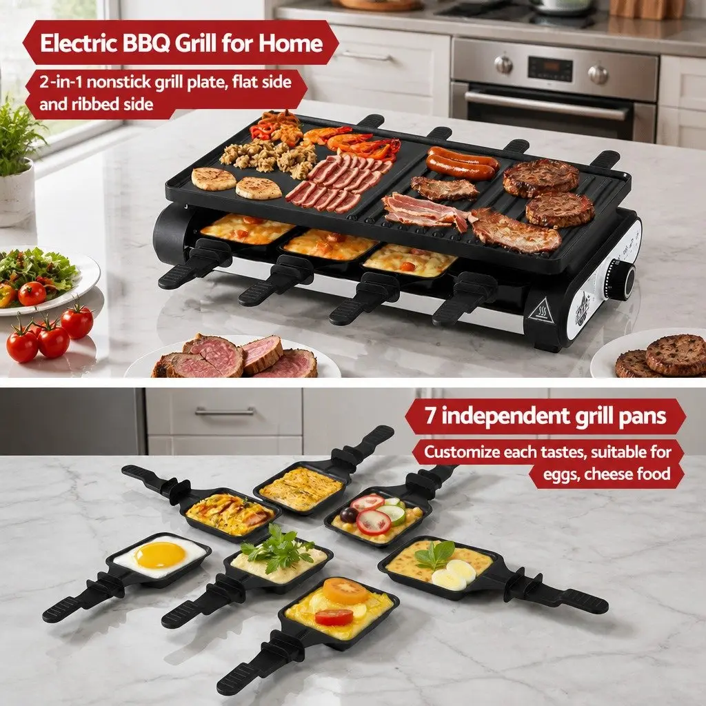 Electric BBQ Grill Grey 1400W Smokeless Indoor Outdoor Cooking 7 Pans Heat Control