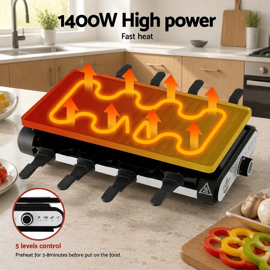Electric BBQ Grill Grey 1400W Smokeless Indoor Outdoor Cooking 7 Pans Heat Control