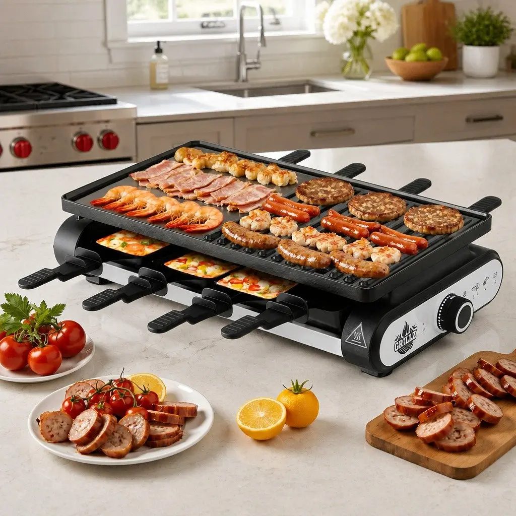 Electric BBQ Grill Grey 1400W Smokeless Indoor Outdoor Cooking 7 Pans Heat Control