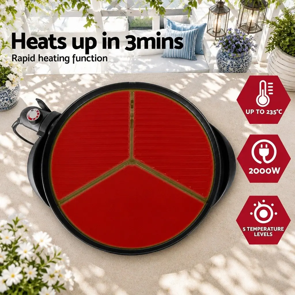 Electric BBQ Grill Black Benchtop Indoor Outdoor 2000W Adjustable Temperature Rapid Heating Non-Stick Cooking Surface