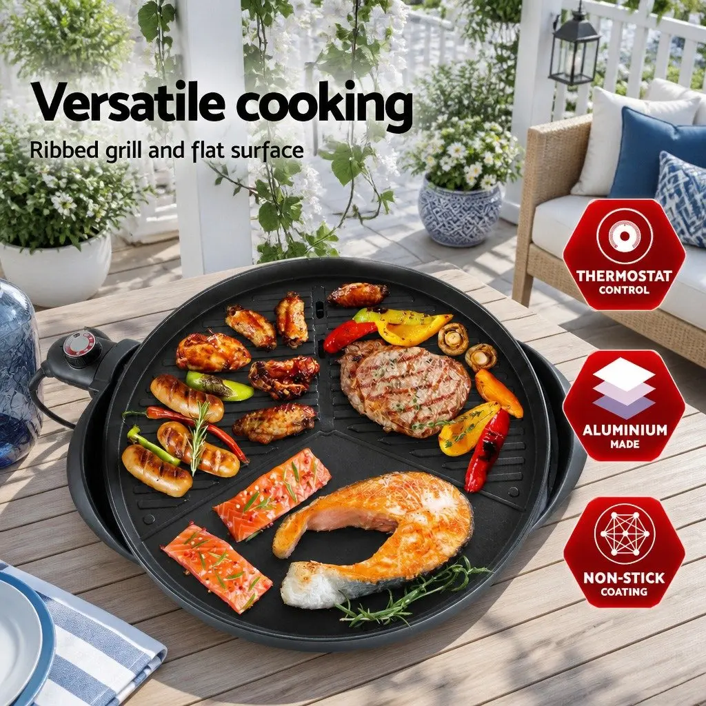 Electric BBQ Grill Black Benchtop Indoor Outdoor 2000W Adjustable Temperature Rapid Heating Non-Stick Cooking Surface