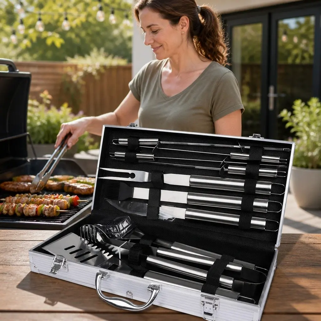 10 Piece BBQ Tool Set Silver Stainless Steel Portable Aluminium Case