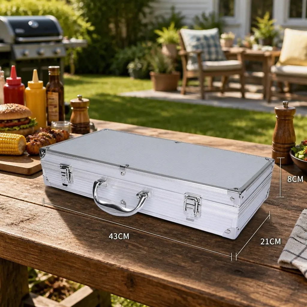 BBQ Tool Set Silver 18 Piece Stainless Steel Grilling Accessories with Aluminium Carry Case