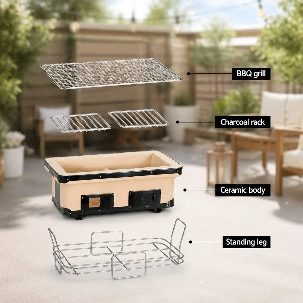 Ceramic Hibachi BBQ Grill Natural Tabletop Portable Japanese Style Dual Chamber Charcoal Smoker