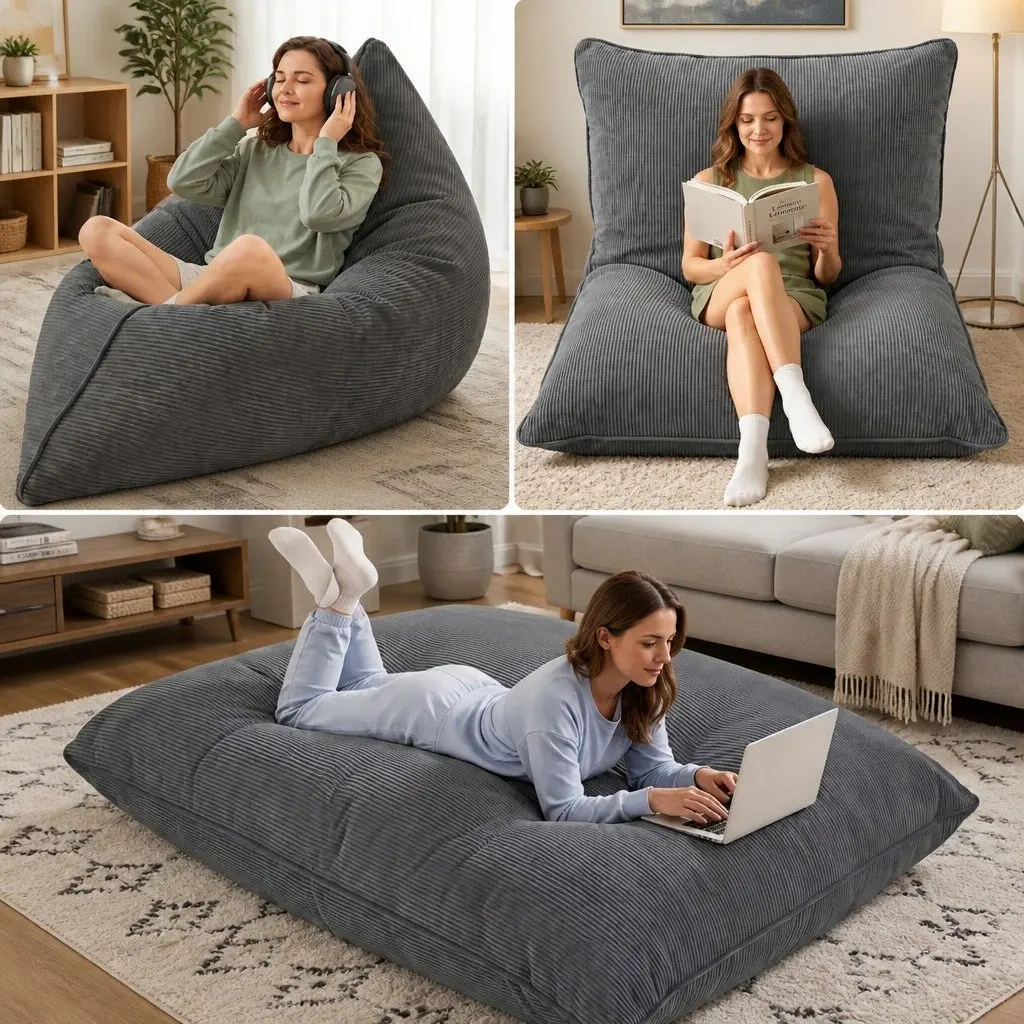 Bean Bag Chair Cover Grey 3 in 1 Convertible Floor Cushion Sofa Seat Corduroy