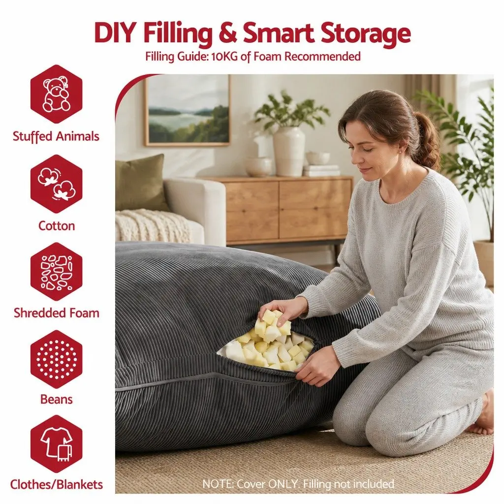 Bean Bag Chair Cover Grey 3 in 1 Convertible Floor Cushion Sofa Seat Corduroy