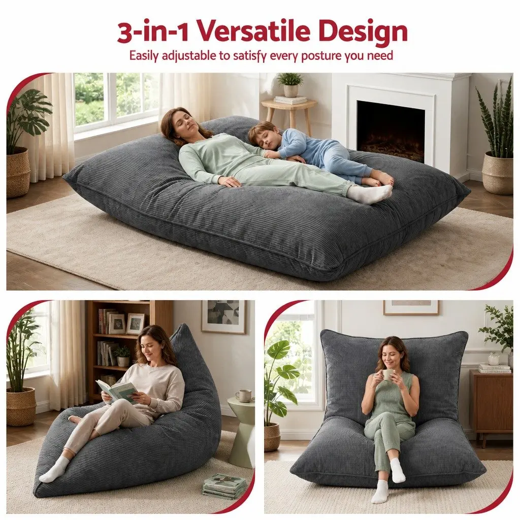Bean Bag Chair Cover Grey 3 in 1 Convertible Floor Cushion Sofa Seat Corduroy