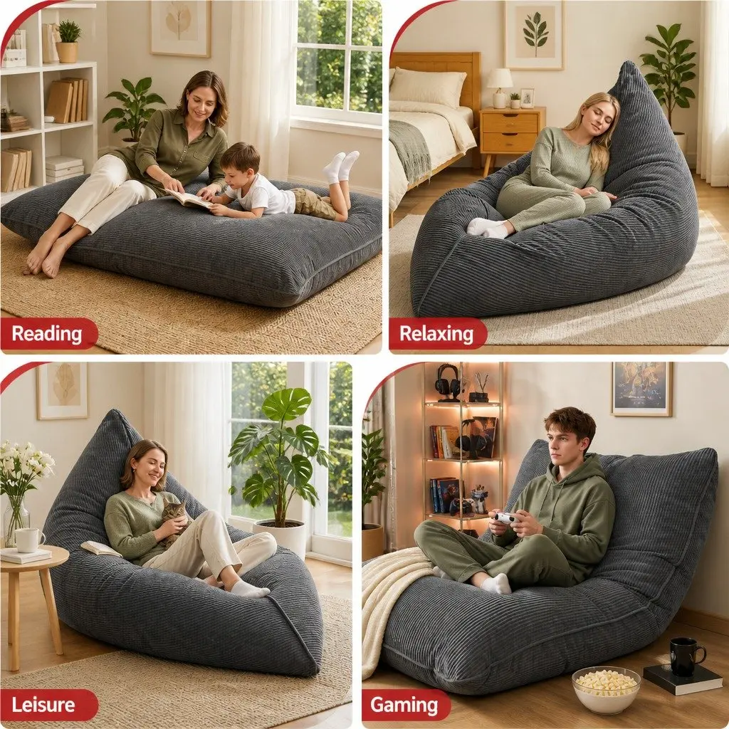 Bean Bag Chair Cover Grey 3 in 1 Convertible Floor Cushion Sofa Seat Corduroy